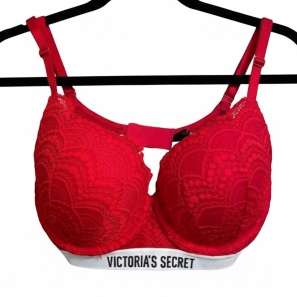 VS Red Lace Push-up underwire bra 32DD Logo Rare Style Valentines